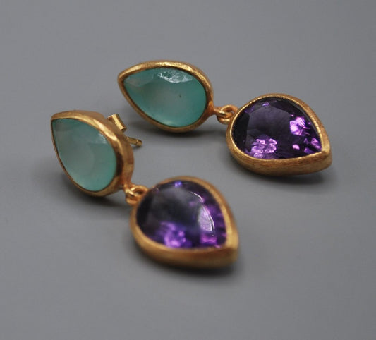 Aqua Chalcedony/Amethyst drop stud earrings