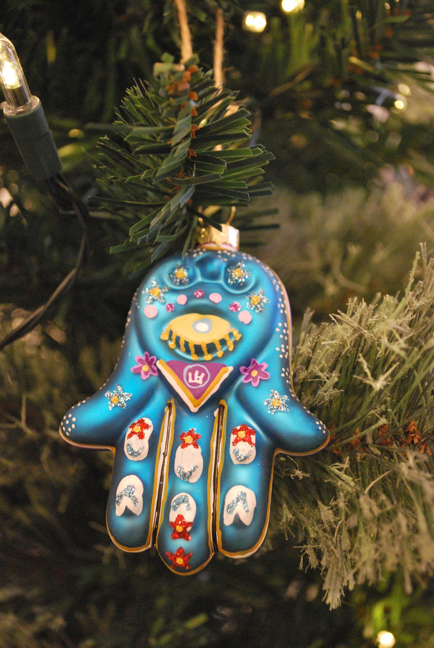 Hand of Fatima hand painted glass deco - blue