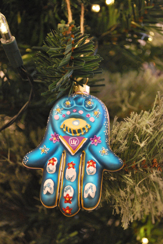 Hand of Fatima hand painted glass deco - blue