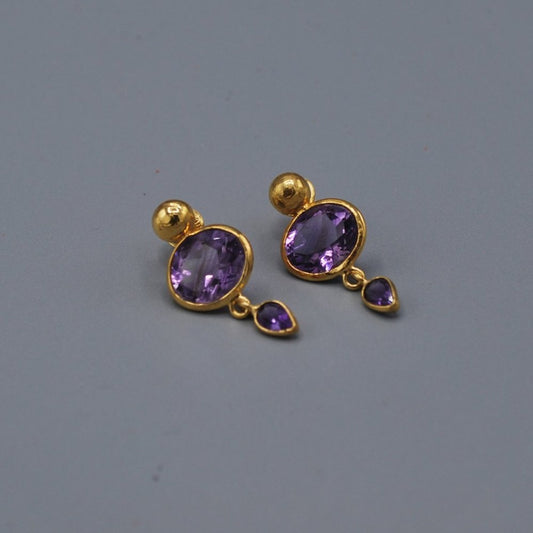Gold stud, oval gem tiny teardrop - amethyst