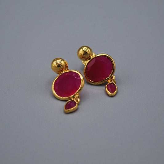 Gold stud, oval gem tiny teardrop - pink rubellite