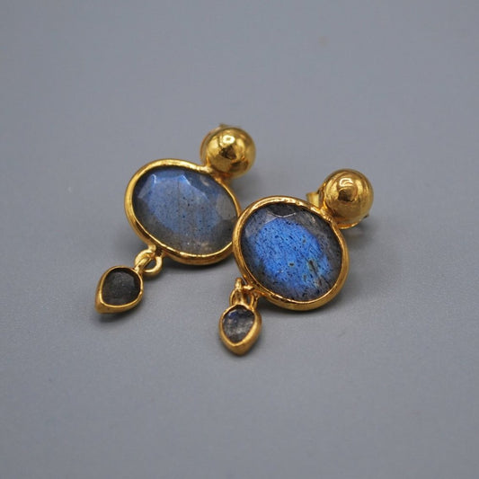 Gold stud, oval gem tiny teardrop - labradorite