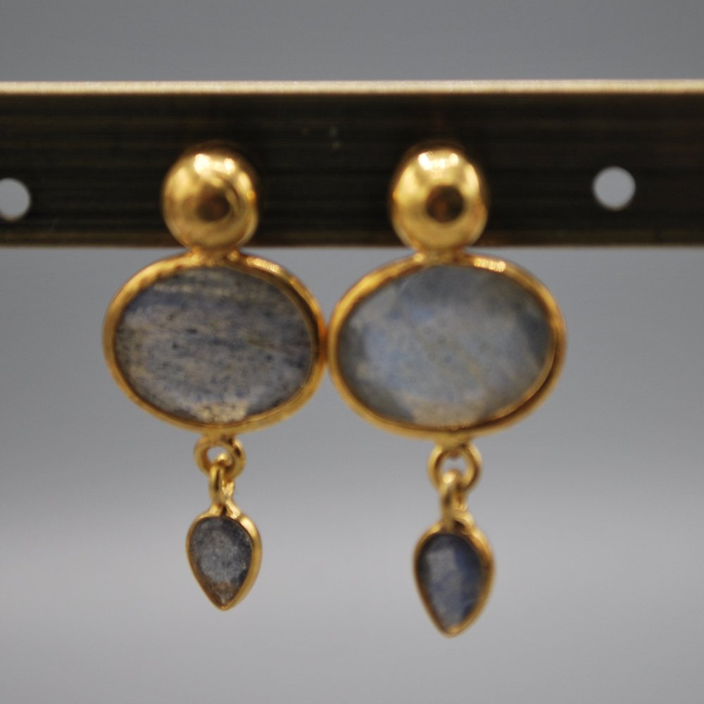 Gold stud, oval gem tiny teardrop - labradorite