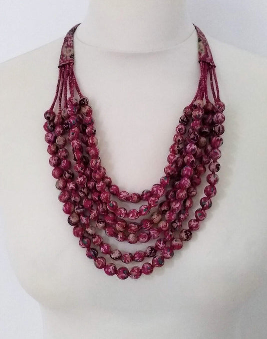 Recycled silk sari beaded 6 strand necklace - dark pink