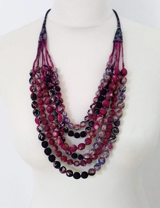 Recycled silk sari beaded 6 strand necklace - red