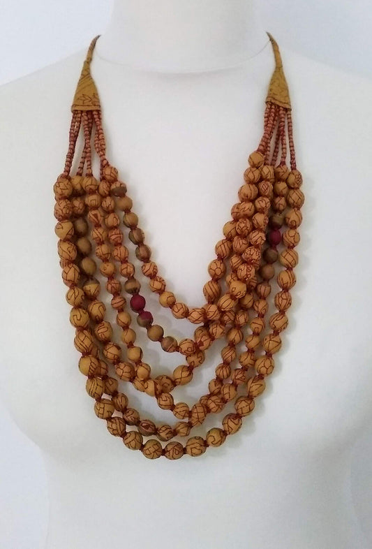 Recycled silk sari beaded 6 strand necklace - mustard
