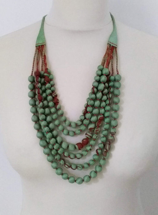 Recycled silk sari beaded 6 strand necklace - mint