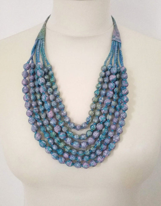 Recycled silk sari beaded 6 strand necklace - lilac