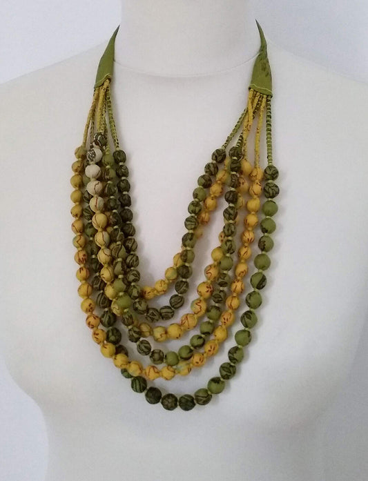 Recycled silk sari beaded 6 strand necklace - olive