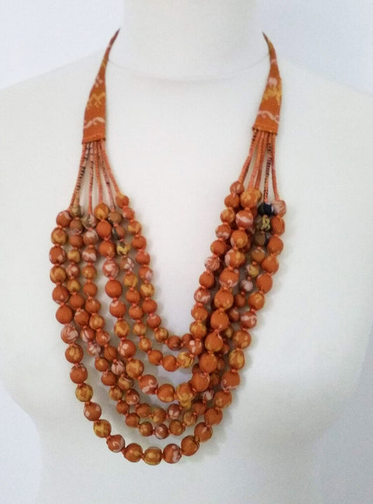 Recycled silk sari beaded 6 strand necklace - orange