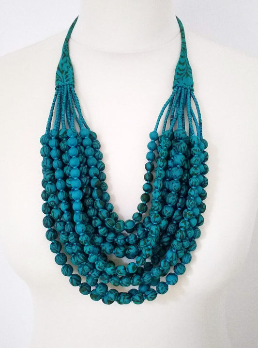 Recycled silk sari beaded 12 strand necklace - blue