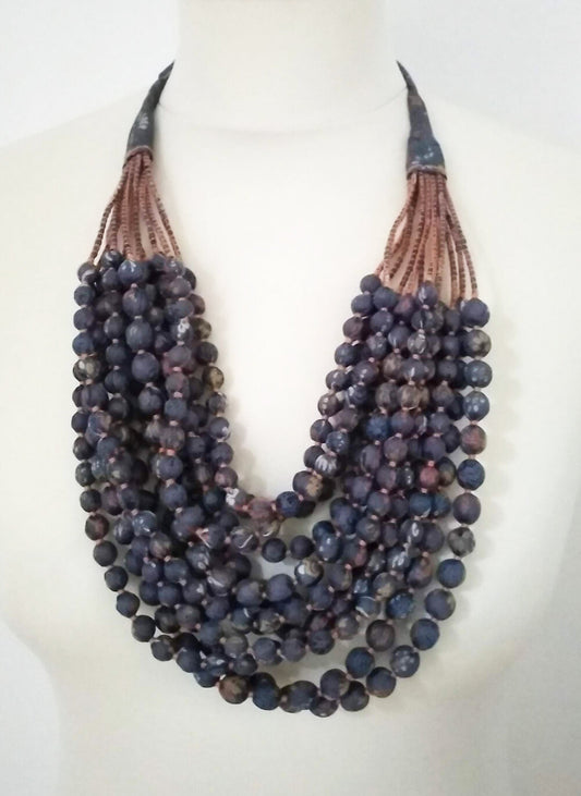 Recycled silk sari beaded 12 strand necklace - purple