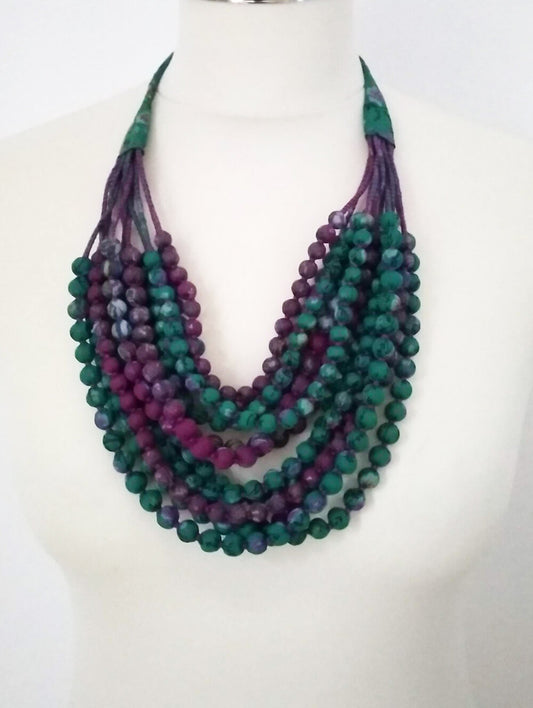 Recycled silk sari beaded 12 strand necklace - purple and teal
