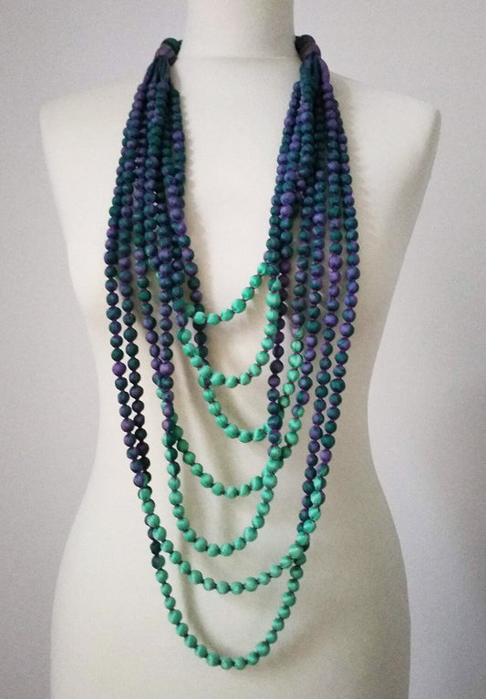 Recycled silk sari beaded long strand necklace - mint / purple