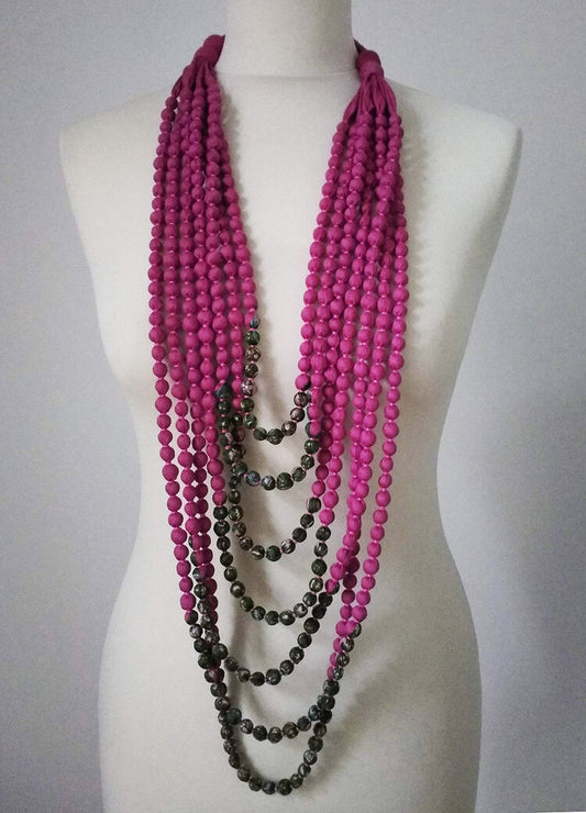 Recycled silk sari beaded long strand necklace - pink