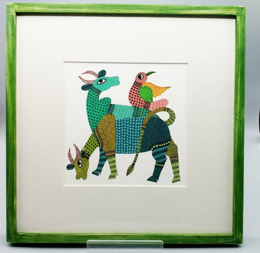 Green cow elephant painting with frame