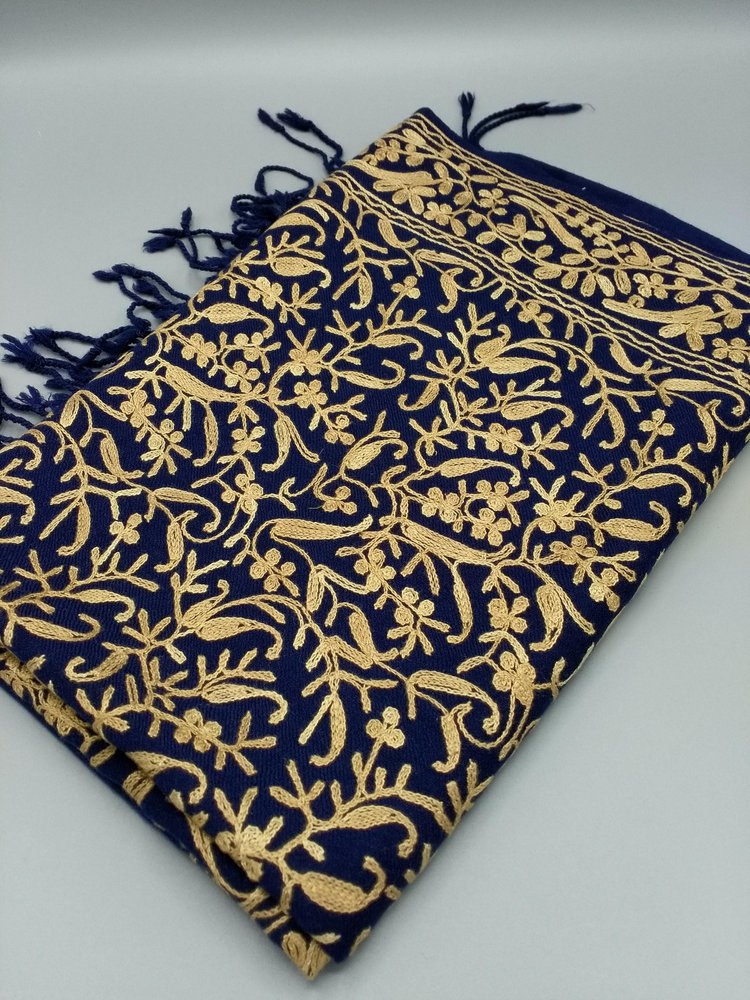 Kashmiri wool embroidered shawl - navy / gold