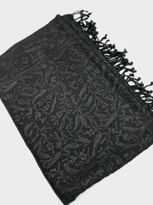 Kashmiri wool embroidered shawl - black