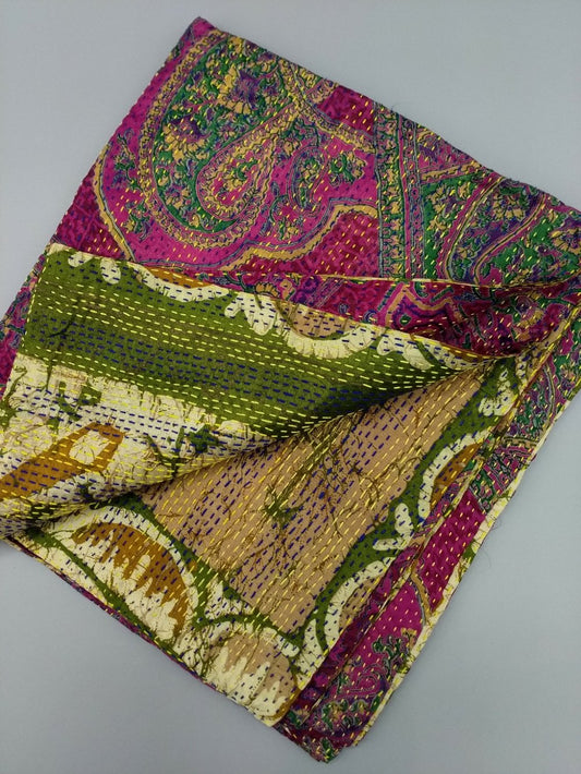 Kantha stitch silk scarf - Fuschia / green