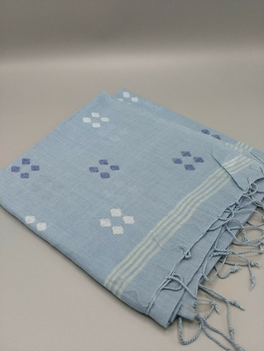 Hand weave cotton jamdani scarf - pale blue