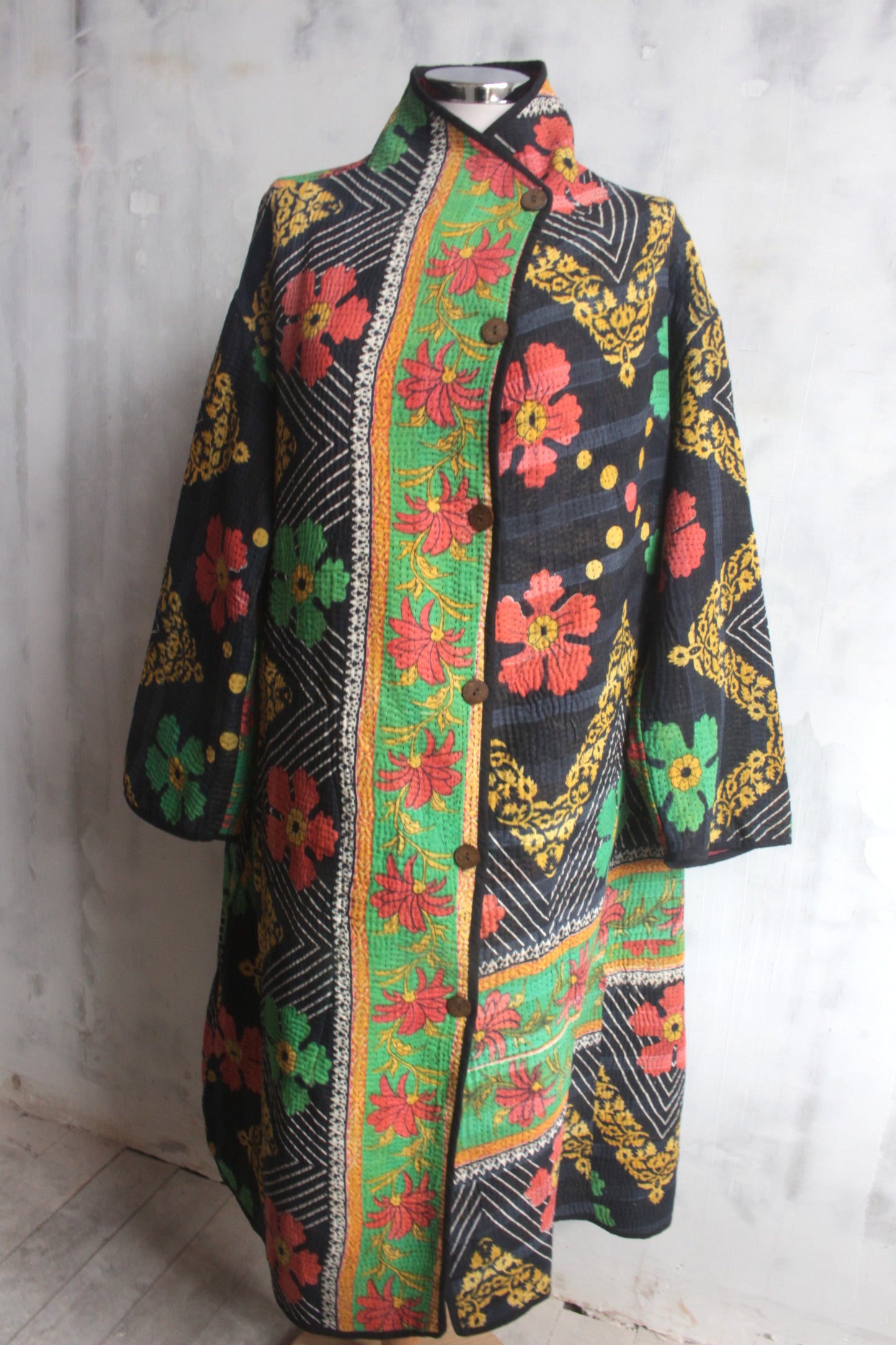 Kantha stitch coat - black