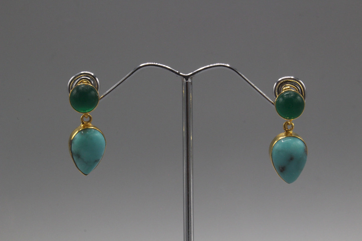 Turquoise and green onyx gold drop earrings