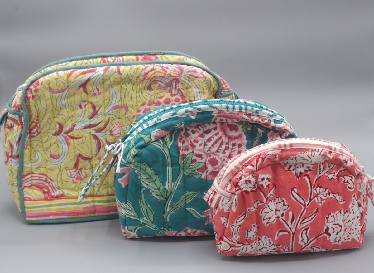 Cotton block print cosmetic bags