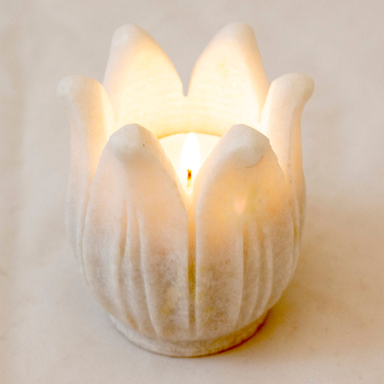Hand carved marble lotus tea light holder