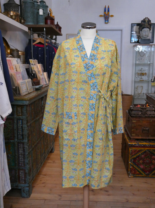 Block print dressing gown and shorts set - blue and yellow