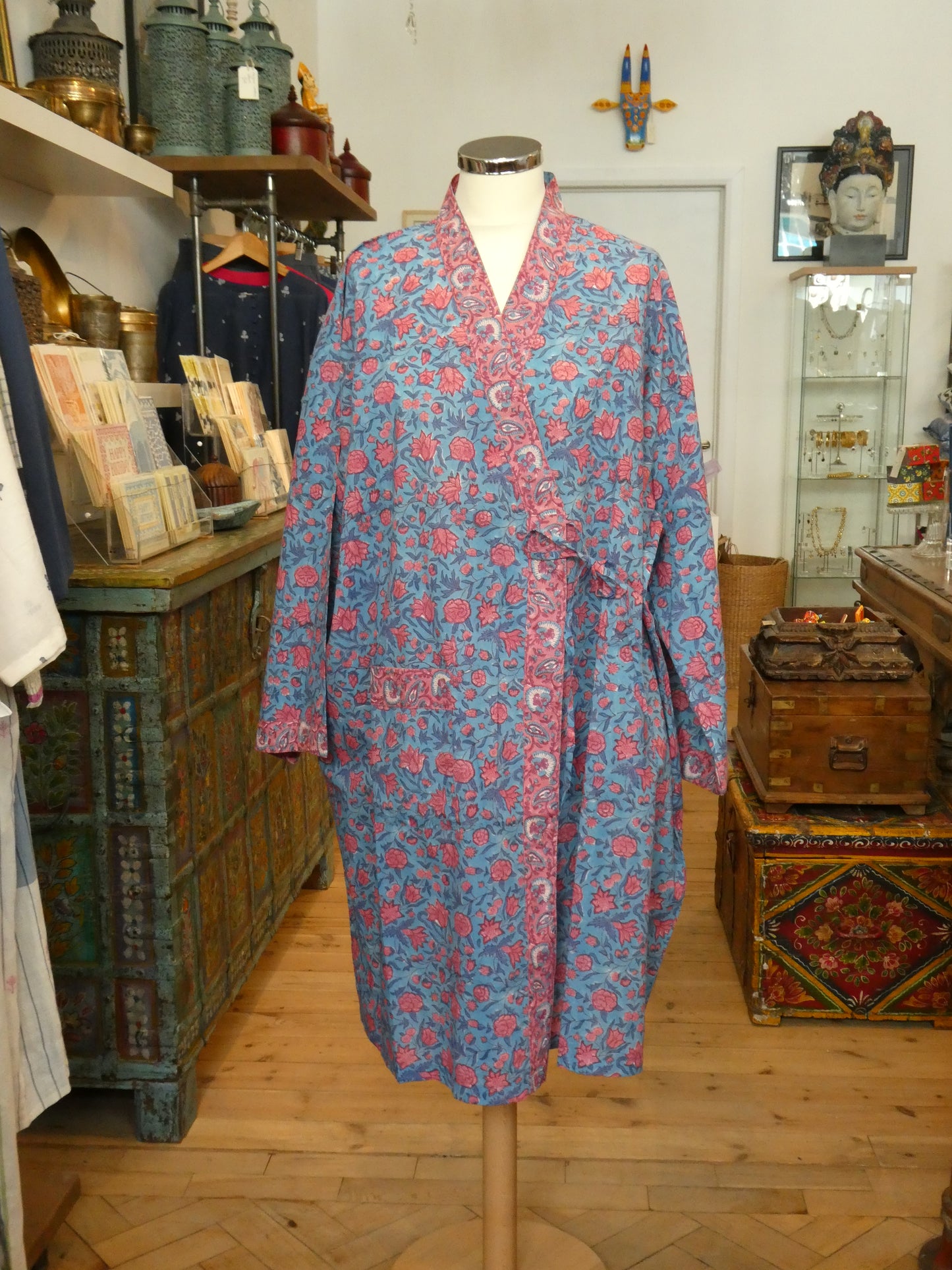 Block print dressing gown and shorts set - blue and red