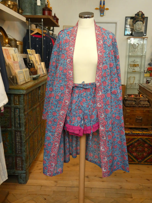 Block print dressing gown and shorts set - blue and red