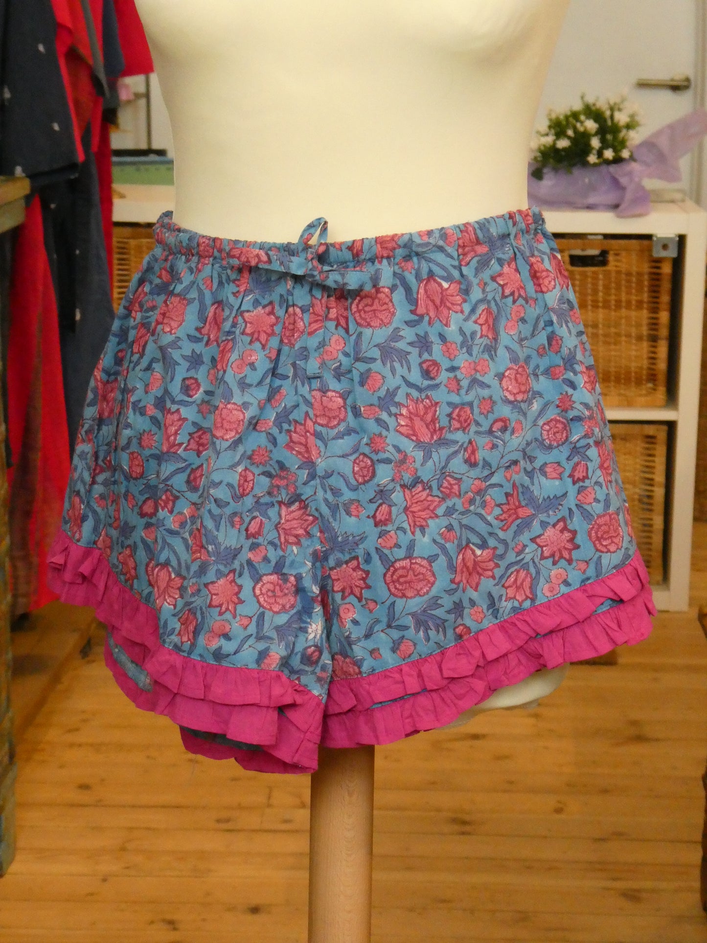 Block print dressing gown and shorts set - blue and red