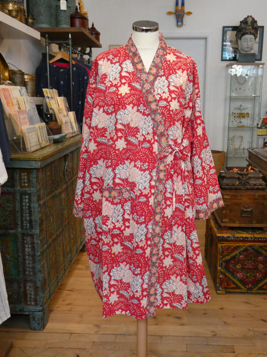 Block print dressing gown and shorts set - red