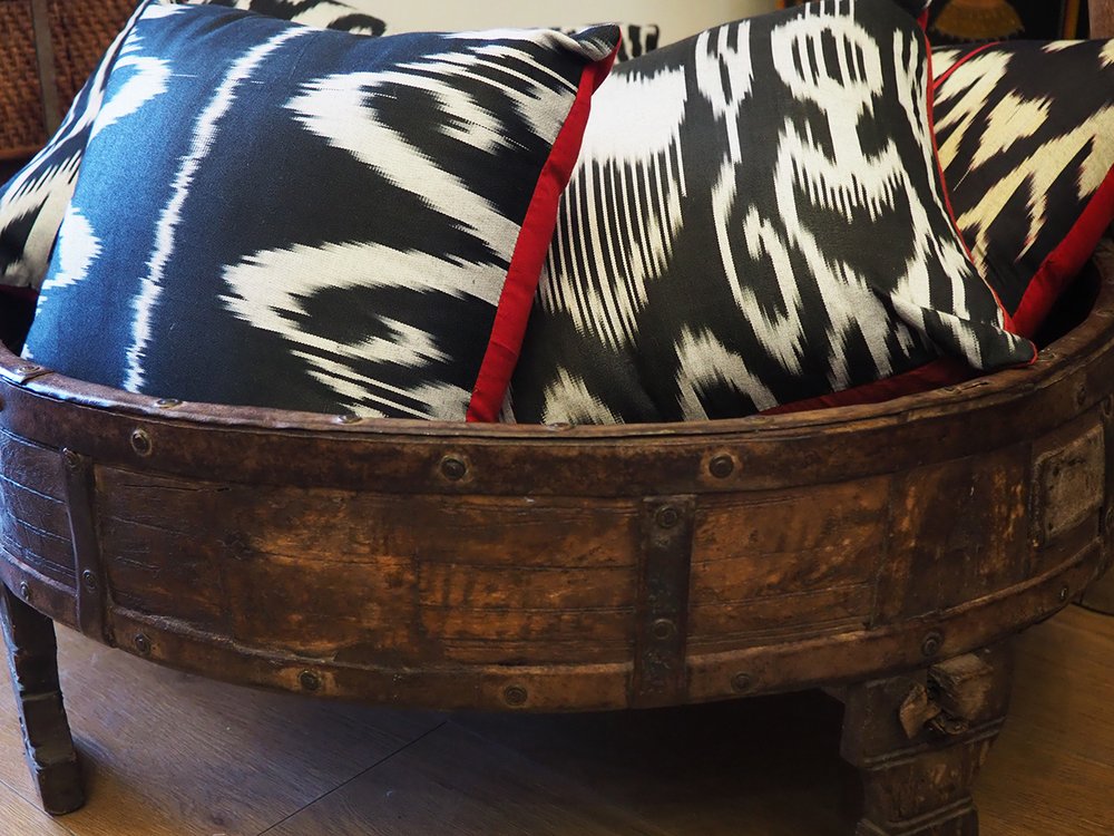 Black and white silk ikat cushion