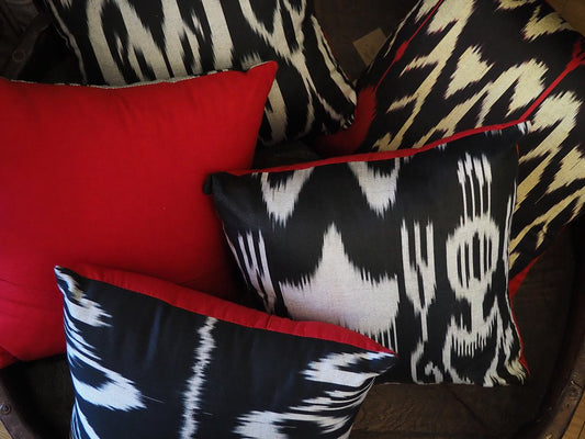 Black and white silk ikat cushion