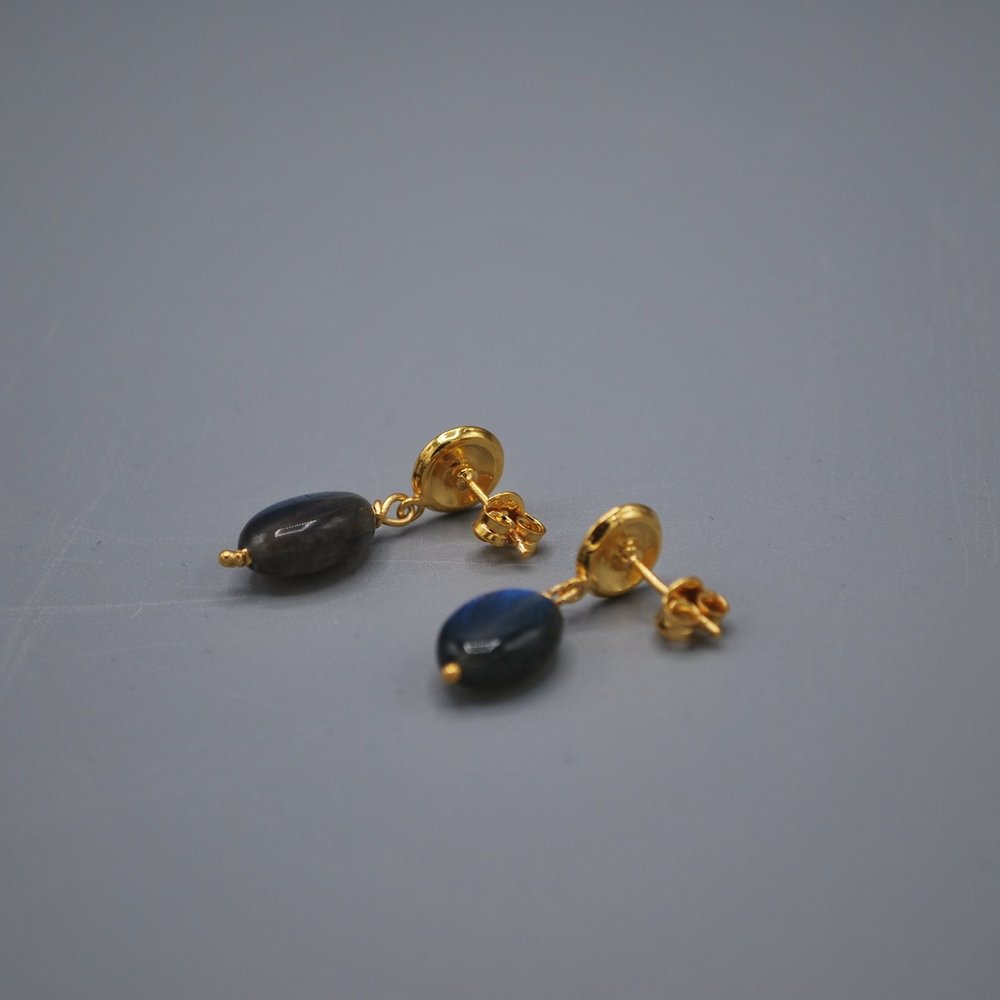 Button stud with polished stone drop - labradorite