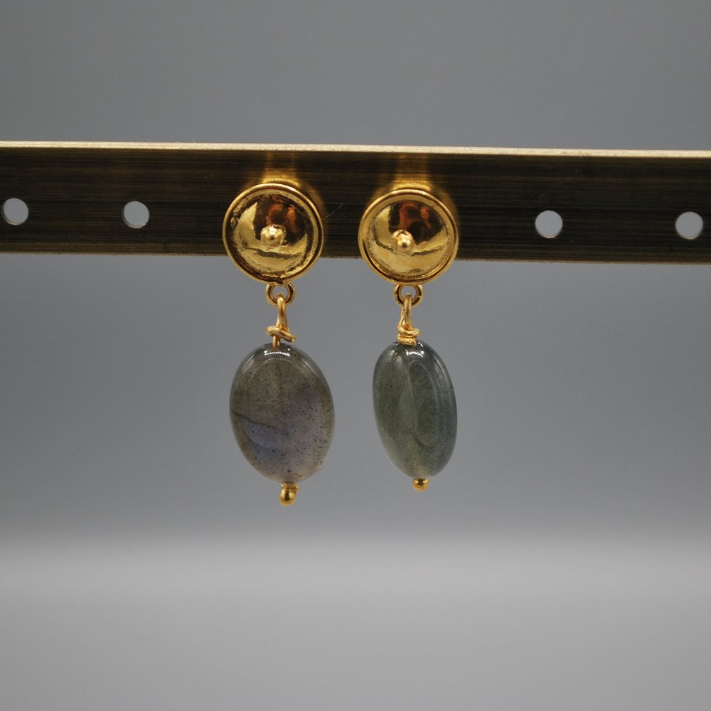 Button stud with polished stone drop - labradorite