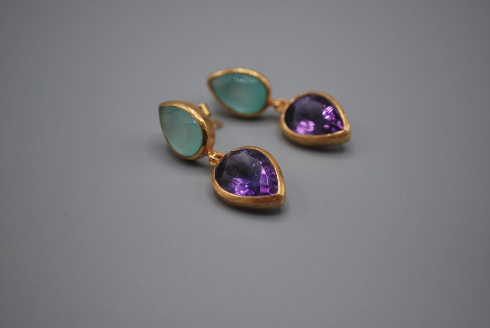 Aqua Chalcedony/Amethyst drop stud earrings