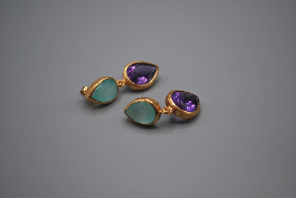 Aqua Chalcedony/Amethyst drop stud earrings