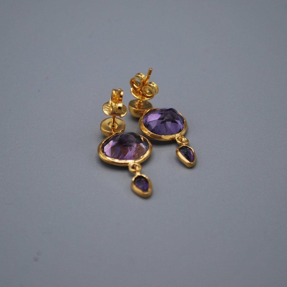 Gold stud, oval gem tiny teardrop - amethyst