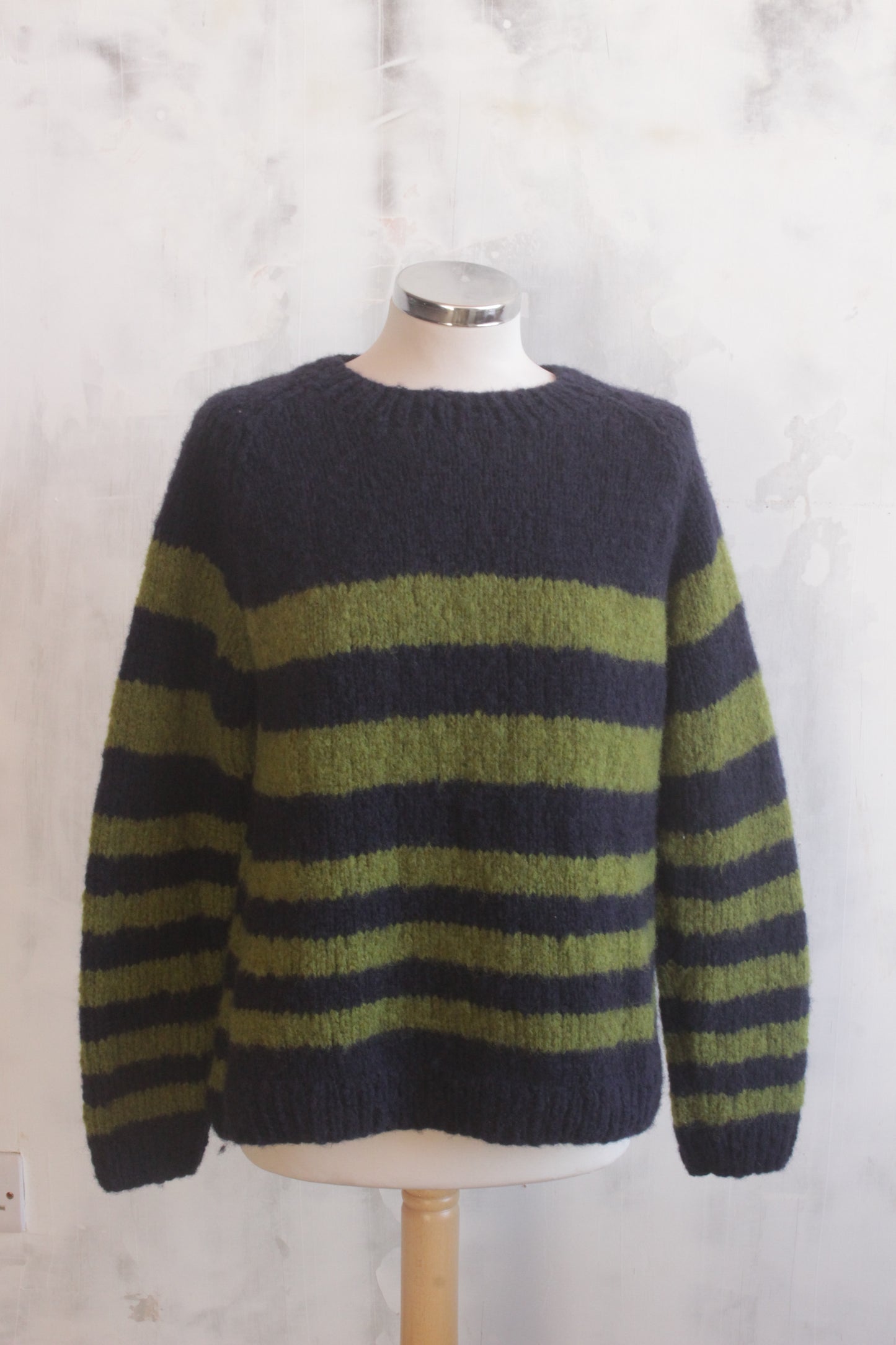Pure wool hand knitted apple green and navy stripe jumper