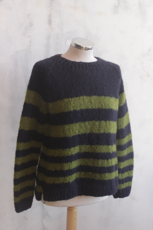 Pure wool hand knitted apple green and navy stripe jumper