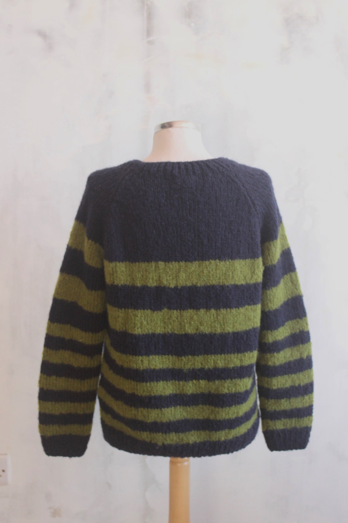 Pure wool hand knitted apple green and navy stripe jumper