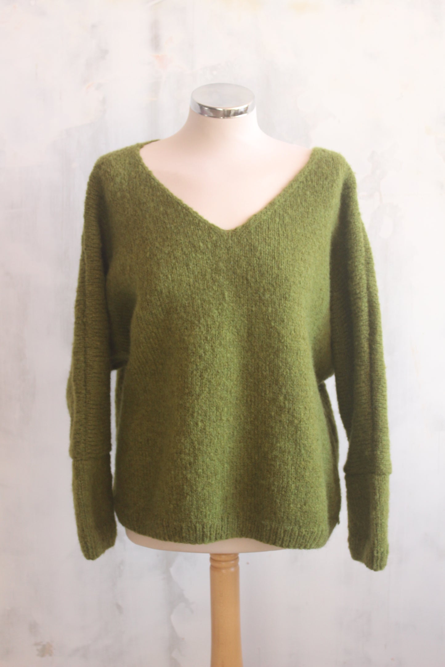 Pure wool hand knitted apple green ovesized V-neck jumper
