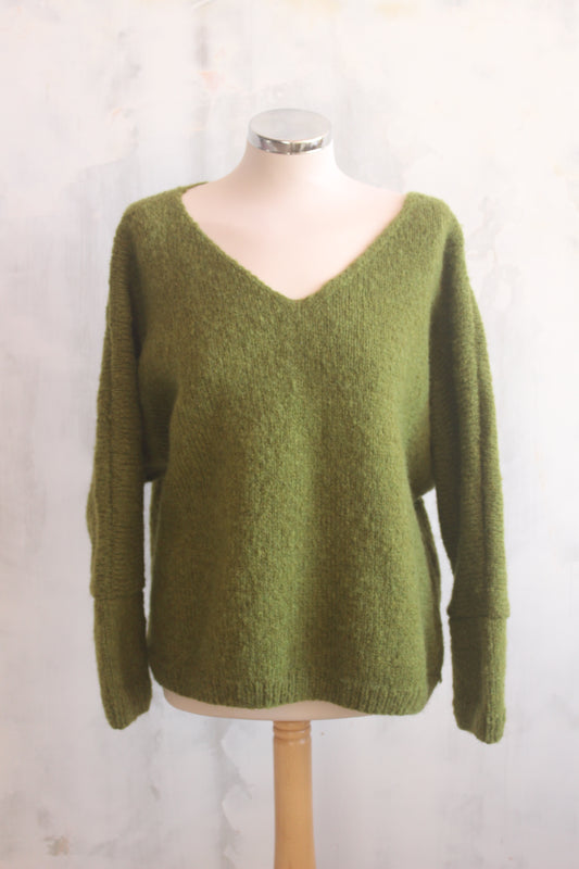 Pure wool hand knitted apple green ovesized V-neck jumper