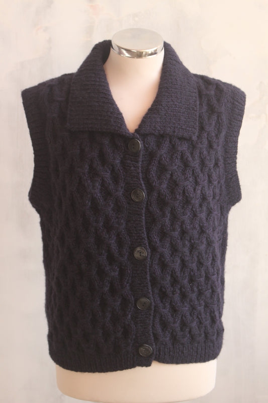 Pure wool hand knitted navy cable knit tank