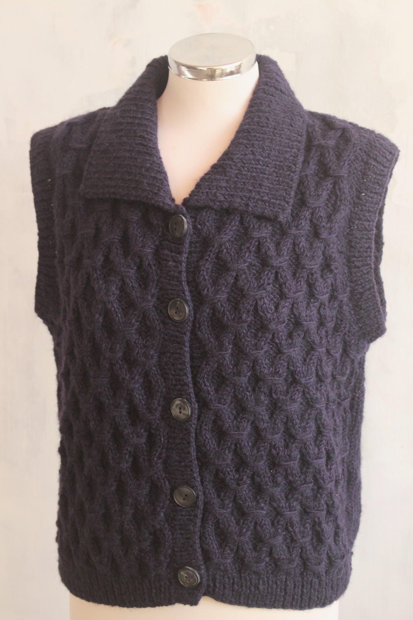 Pure wool hand knitted navy cable knit tank