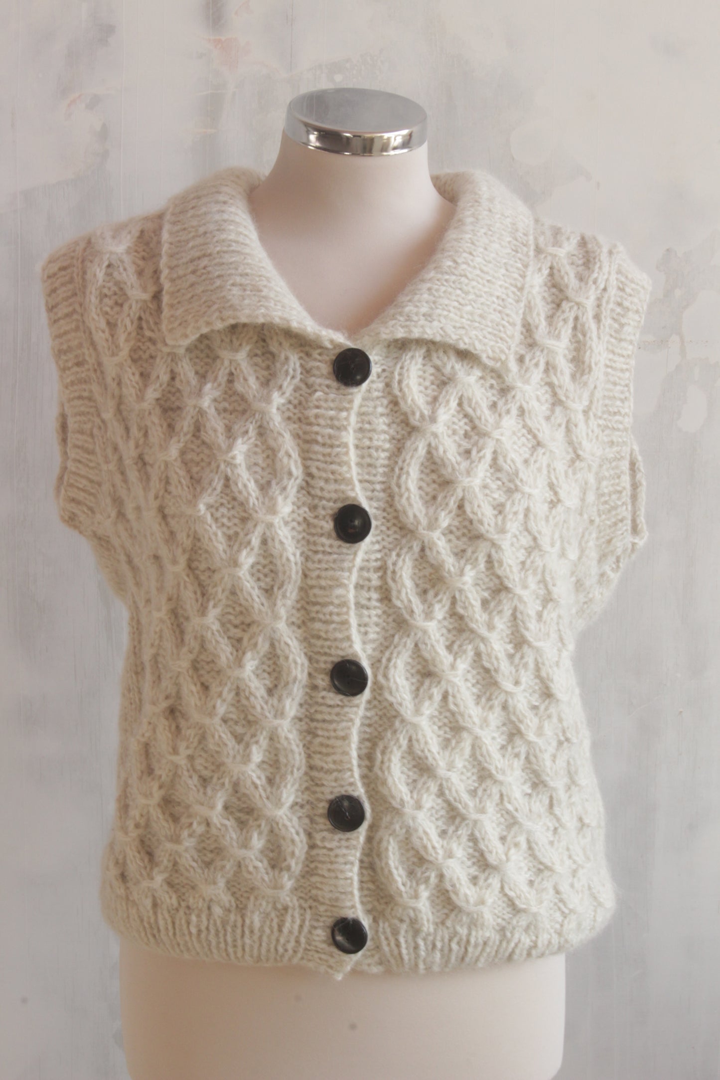 Pure wool hand knitted natural button cable knit sleeveless tank