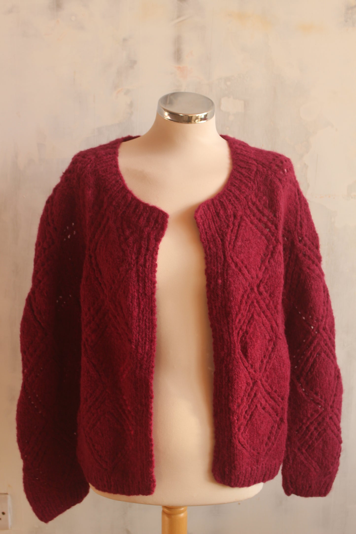 Pure wool hand knitted raspberry cardigan