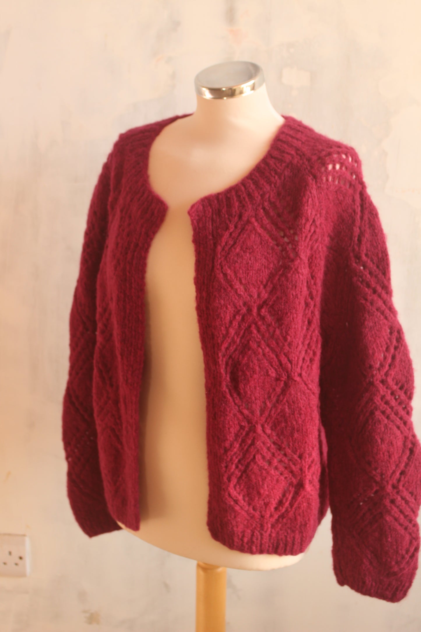 Pure wool hand knitted raspberry cardigan